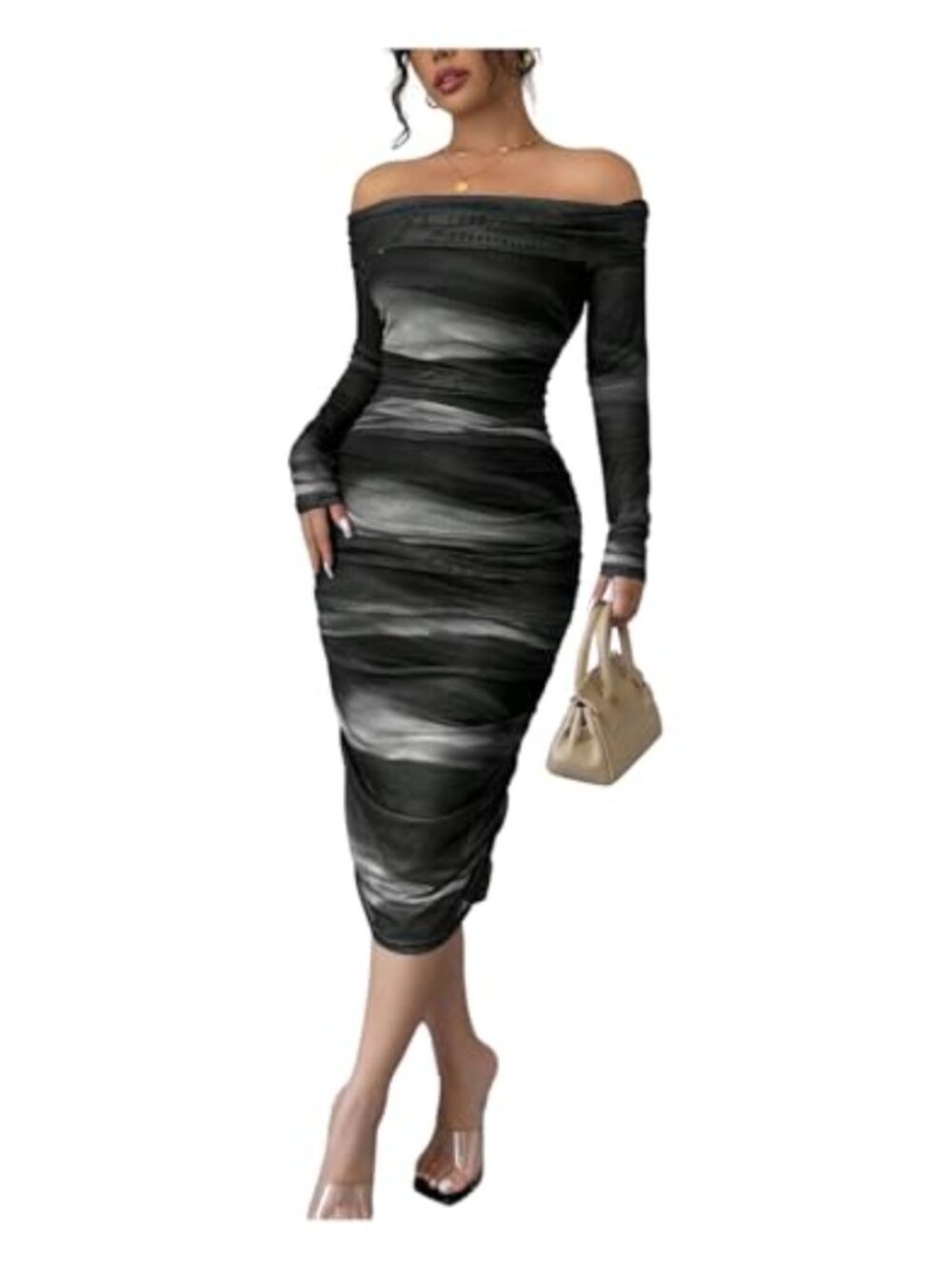 Women's Bodycon Midi Dress Off Shoulder Ruched Mesh Long Sleeve Party Cocktail